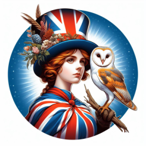 Britannia holds a piece of wood and a barn owl sits on it.