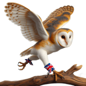 An owl is ready to fly with a Union Jack around a leg.