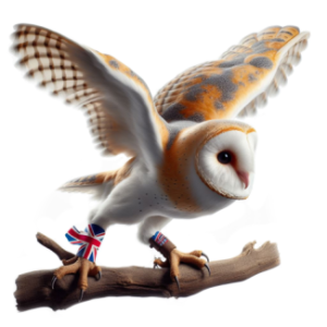  An owl is ready to fly with a Union Jack around a leg.