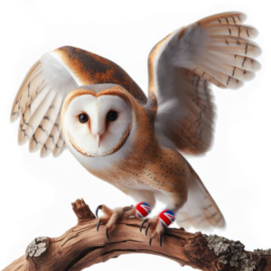 A barn owl is sitting on a branch ready to fly.