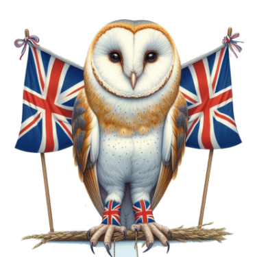 An owl is perched between 2 Union Jack flags alert.