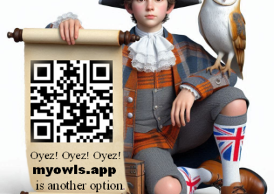 A boy is a town Cryer and he is sitting showing a scroll with a QR code on it.