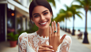 A pretty lady is showing her emerald ring.