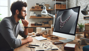 A jeweller is looking at a necklace shown on a computer screen.