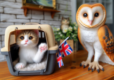 A kitten is in a carrier waving with its paw. There is a barn owl and 2 flags.