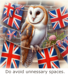 A barn owl is perched on a bunting of Union Jacks and one flag is missing.