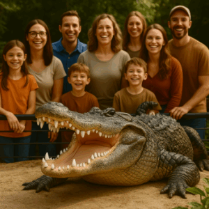 some people and a croc showing their white teeth