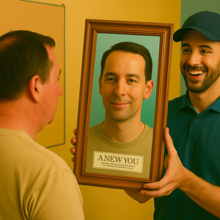 a handsome man admires himself in a mirror held by another