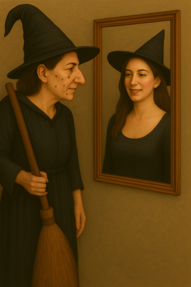 an ugly witch looks in a mirror and reflects a pretty witch