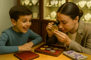 jeweller looks at gold coin of a collection being sold