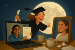 young lady over the moon with graduation success