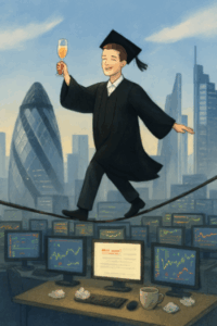 young man graduate walks tightrope