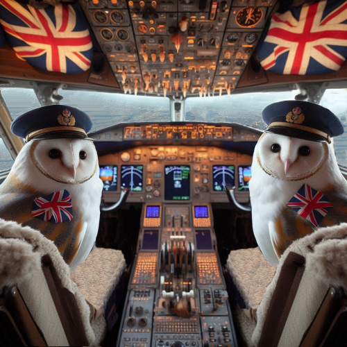 2 barn owls are in a cockpit flying the aircraft