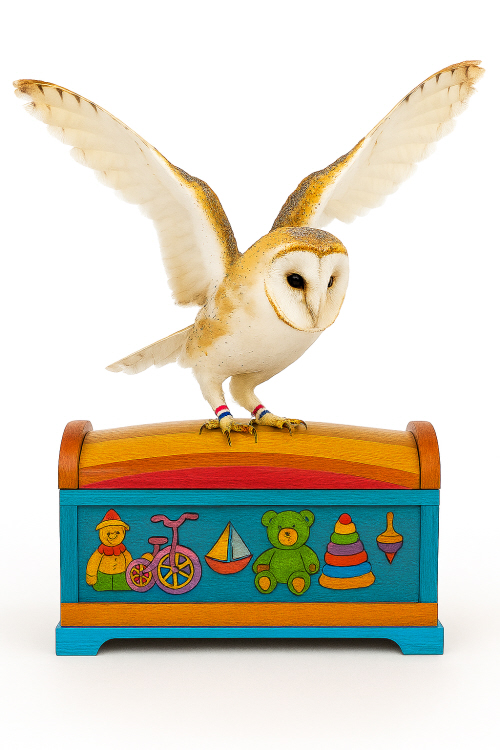 barn owl on toy chest ready to fly