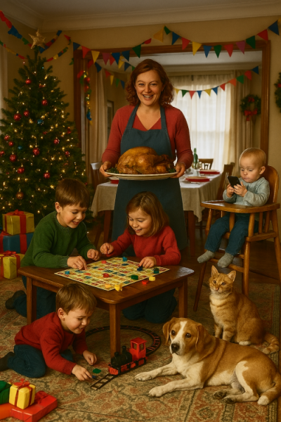 a family at Christmas with turkey and toys
