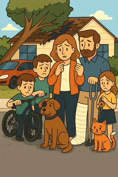 A family is shown in front of a tree falling on a house. They have suffered injuries including the dog and cat.